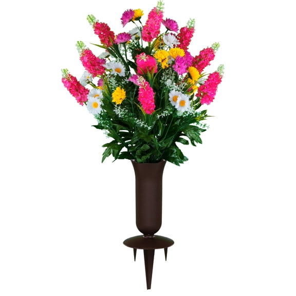 Sympathy Silks Artificial Cemetery Flowers Pink & Yellow Wildflowers Bouquet with Vase