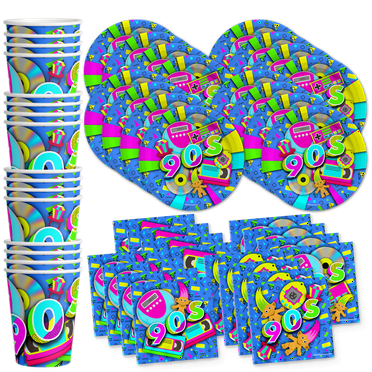 90's Birthday Party Supplies Set Plates Napkins Cups Tableware Kit for 16