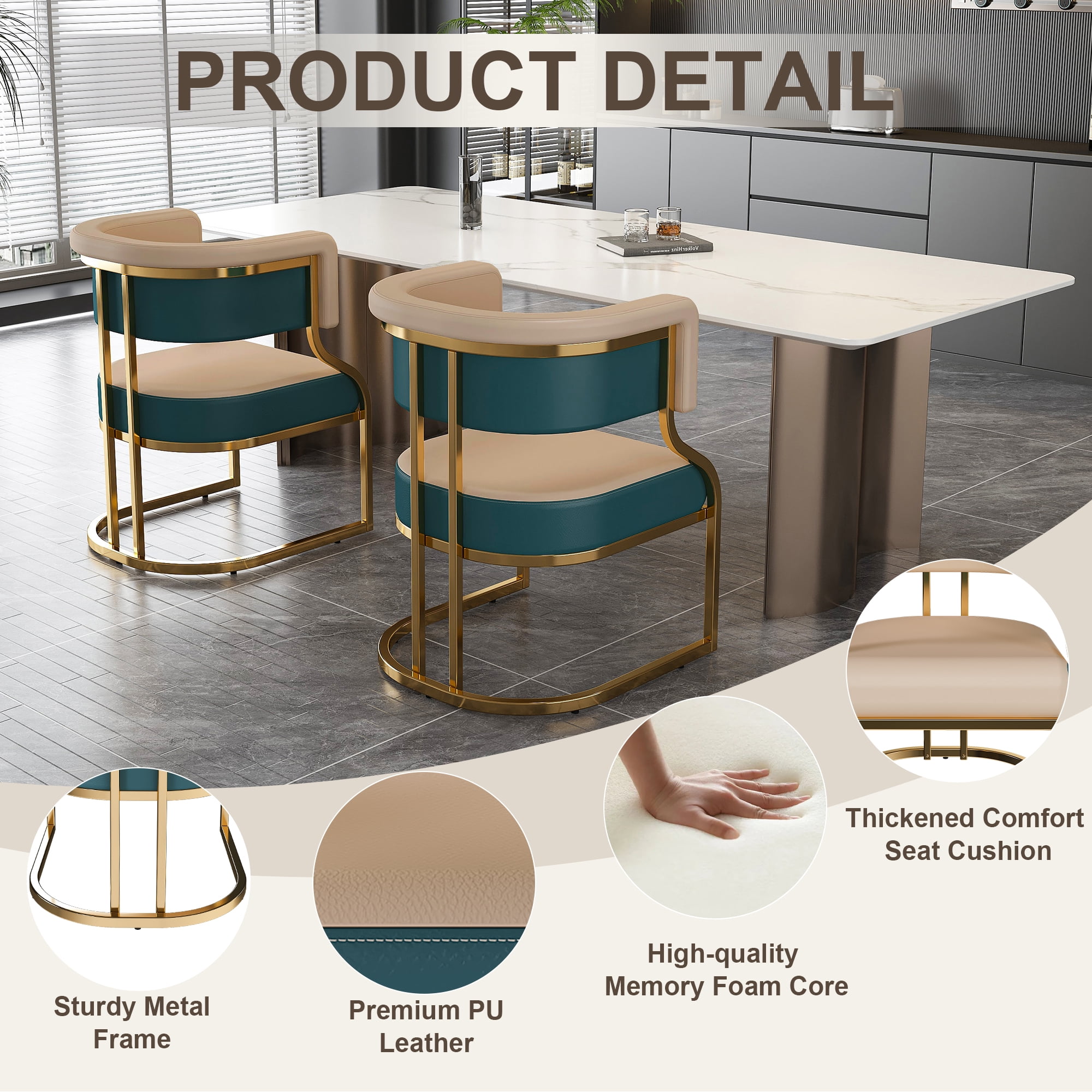 Set of 2 Modern Dining Chairs with Gold Plated Iron Frame, PU Upholstered Accent Chairs, Ergonomic Curved Back Armless for Kitchen, Dining Room, Apartment, Blue