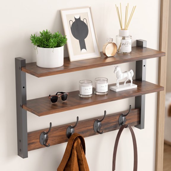 Two-Tier Wall Mounted Shelf with Hooks - hanging wall shelf Rustic Brown Coat Rack with Key Holder for Bedroom & Living Room Entryway Storage