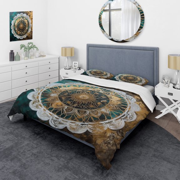 Designart "Teal and Gold Mandala Harmony I" Boho Mandala Bedding Covert Set - Traditional Teal Geometric Bed Set With 2 Shams