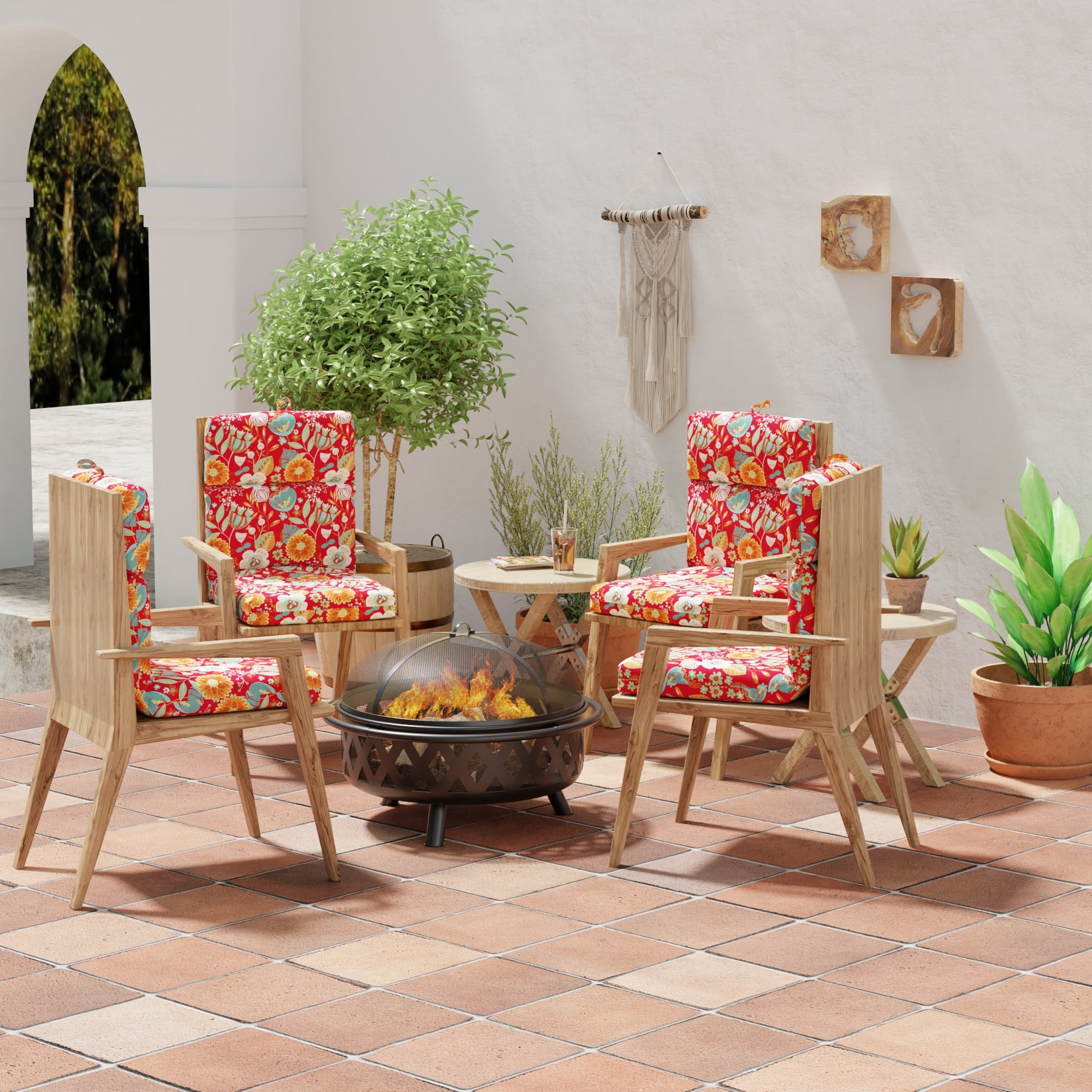 Jordan Manufacturing 44" x 22" Avianna Saxony Red Floral Rectangular Outdoor Chair Cushion with Ties and Hanger Loop
