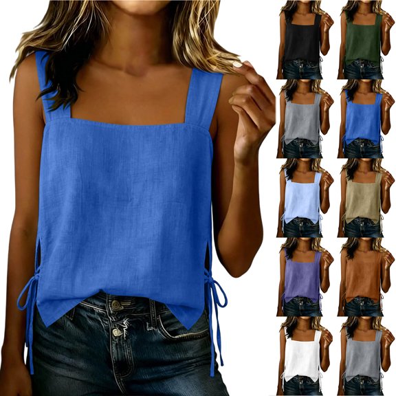 Otntypg Cotton Linen Tank Tops for Women Side Bowknot Slit Loose Fit Tanks Lightweight Dressy Causal Summer Sleeveless Cami Shirts Square Neck Gauze Tees