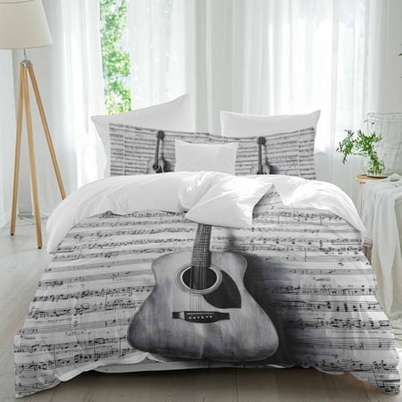 Black Grey Guitar Full Size Comforter Set, Vintage Black White Guitar Sheet Music Background Bedding for All Seasons, 4 Pcs Bed Set, 1Quiltcover (86"x86") ,1Sheet(80"x116"), 2Pillowcases (30"x20")