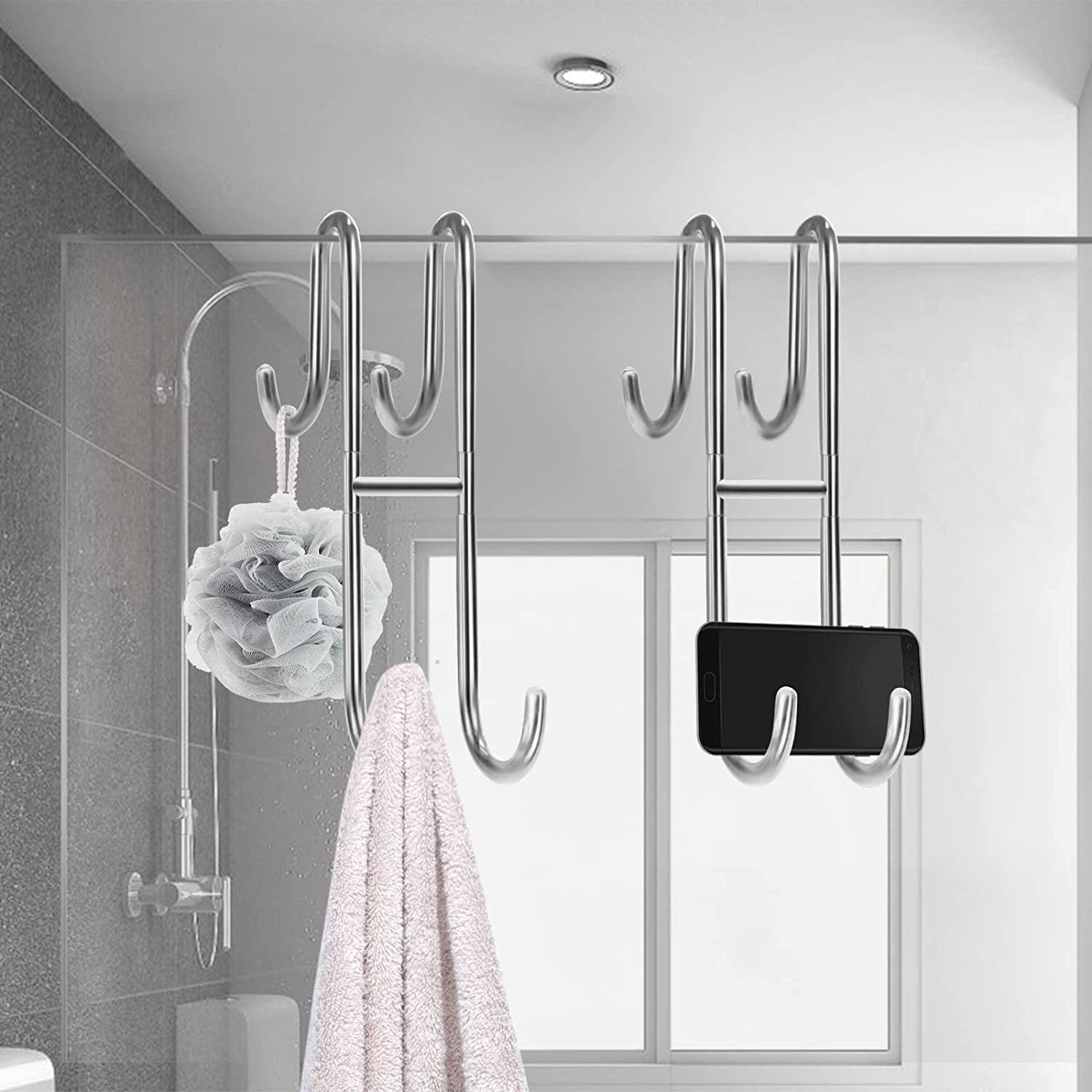 MOKIUER Double Hooks for Glass Shower Door, Towel Hooks Over The Bathroom  Glass Wall 0.31-0.39in, Stainless Steel, Brushed,2 Pack.