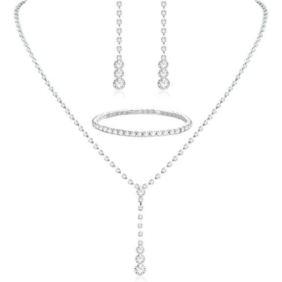 Silver Bridal Jewelry Set Rhinestone Necklace Bracelet Dangle Earrings for Bride Bridesmaid Teardrop Pendant Crystal Wedding Prom Jewelry Accessories for Women