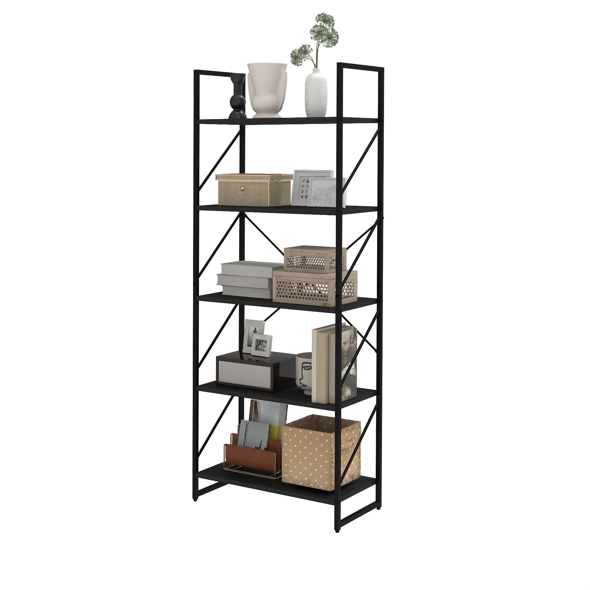 Uforic 5 Tier Bookshelf, Classic Home Office Bookcase Storage Organizer, Free Standing Book Rack,Black
