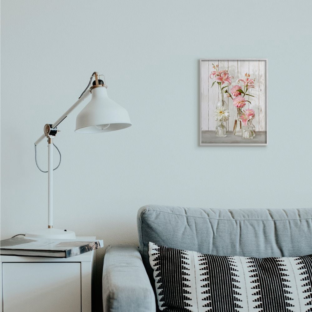 Stupell Industries Spring Pink Florals in Glass Jars Feminine Rustic Flowers Framed Wall Art Design by Ziwei Li, 11" x 14", Gray Framed