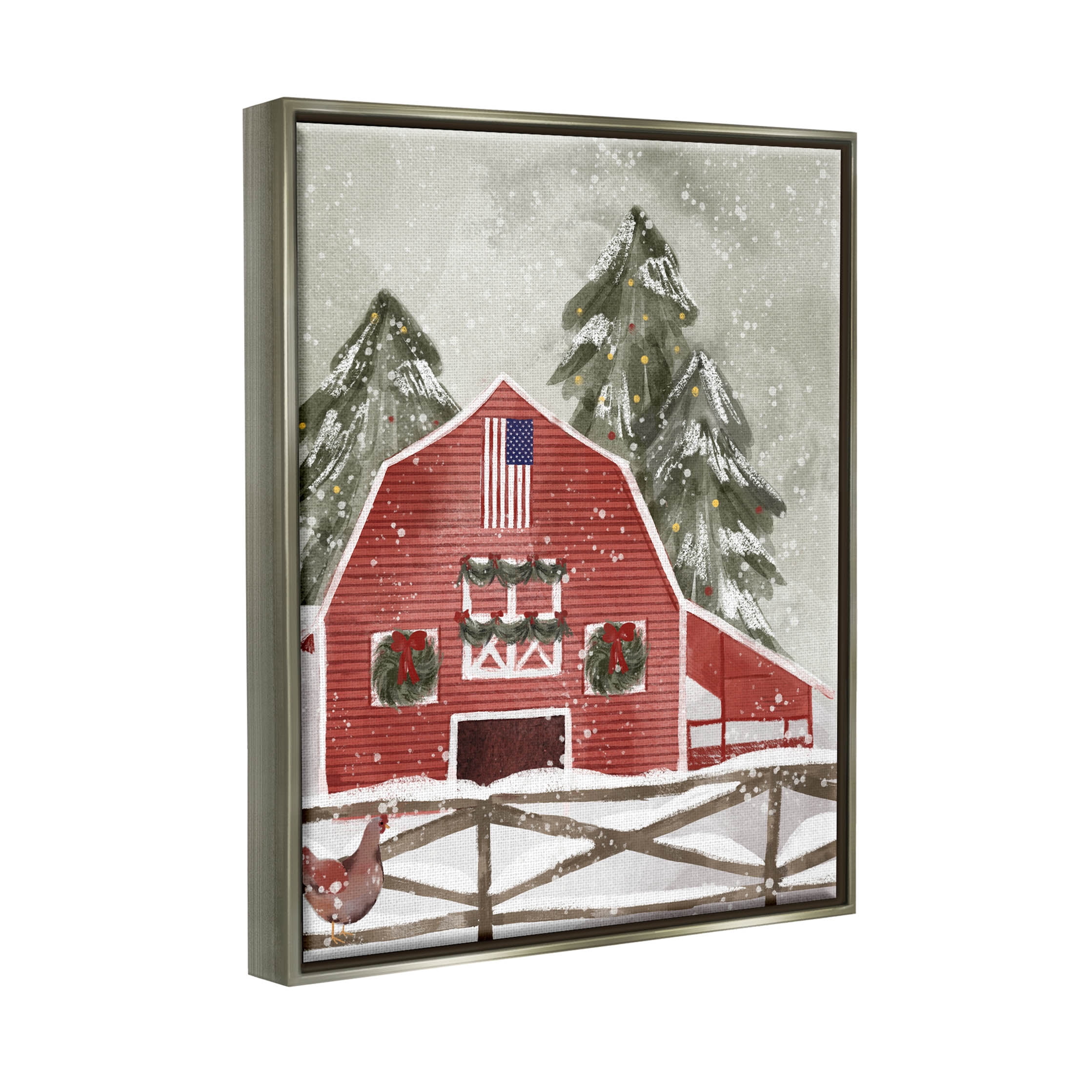 Stupell Industries Americana Barn Holiday Snow Scene Graphic Art Luster Gray Floating Framed Canvas Print Wall Art, Design by Laura Konyndyk