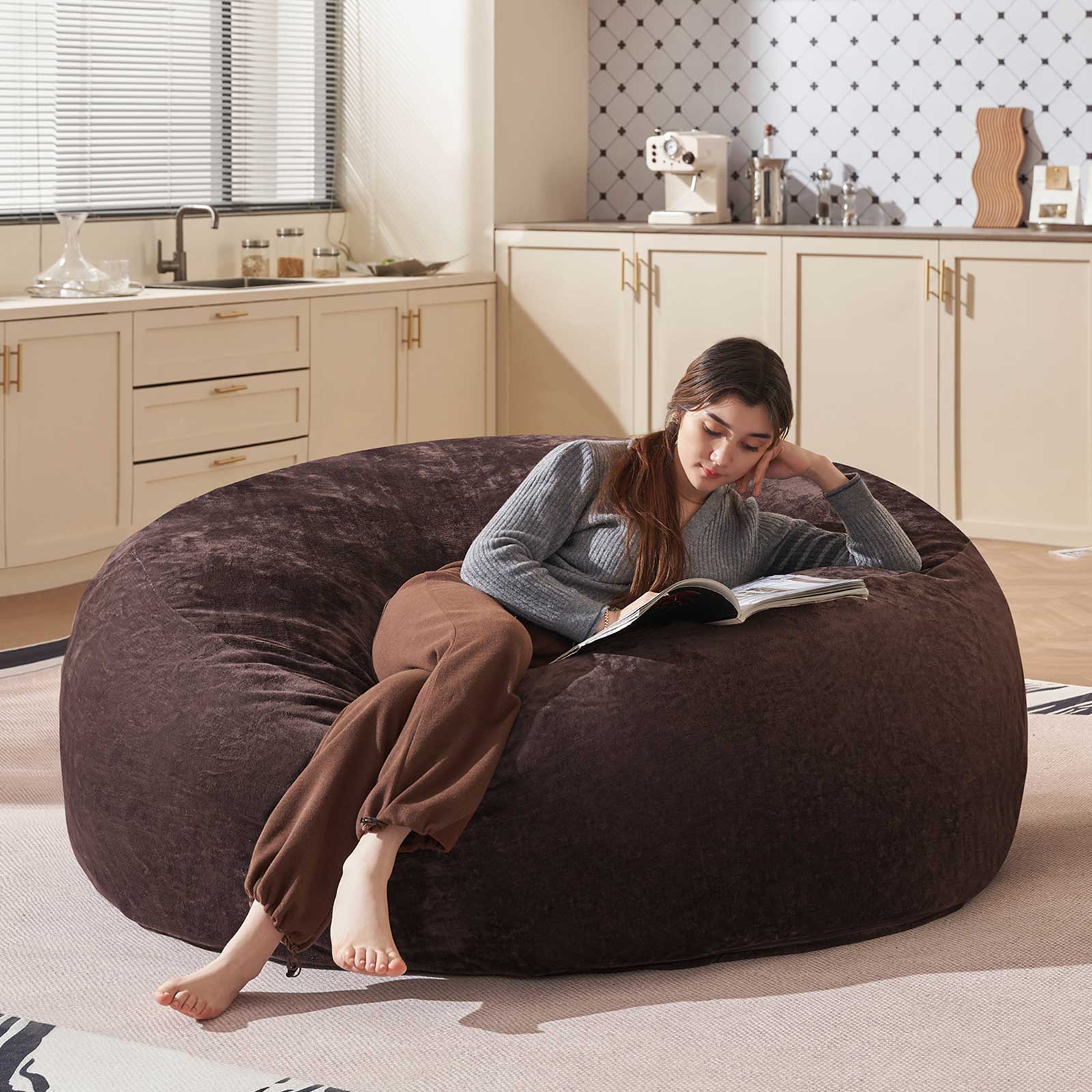 Bean Bag Chair 6FT,  Large Memory Foam Filled Chair for Adults and Teens, Soft Sofa with Removable Flannel Cover, Round Couch for Living Room Bedroom College Dorm