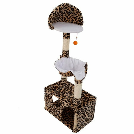 Leopard Print Cat Condo Cat Tree Condo with Sisal Scratching Posts, Perches, Houses, Baskets, Cat Tower Furniture Kitty Activity Center Kitten Play House(47