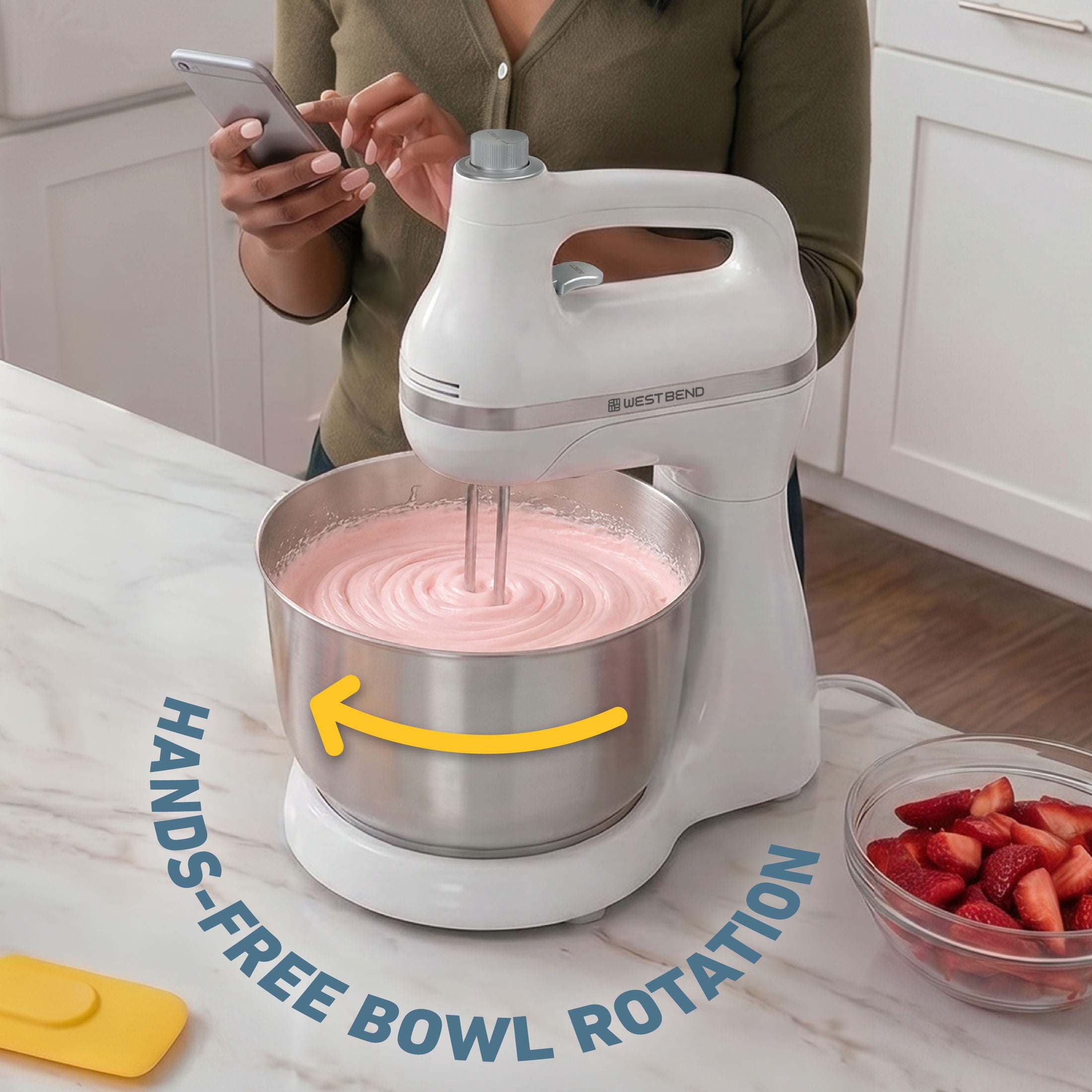 West Bend Two Sweet 2-in-1 Mixer, 4.4 Qt Capacity, Hands-Free Stand or Hand Mixer, 11 Speeds, Stainless Steel Bowl, in White (SMWB2N1WH13)