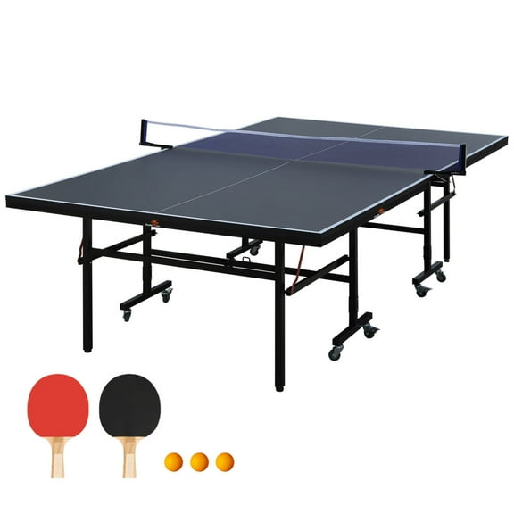 Double Fish 9 Foot Folding Table Tennis Table With 2 Paddles 3 Balls And Net Set Rollable Design With 8 Wheels For Easy Transport And Storage