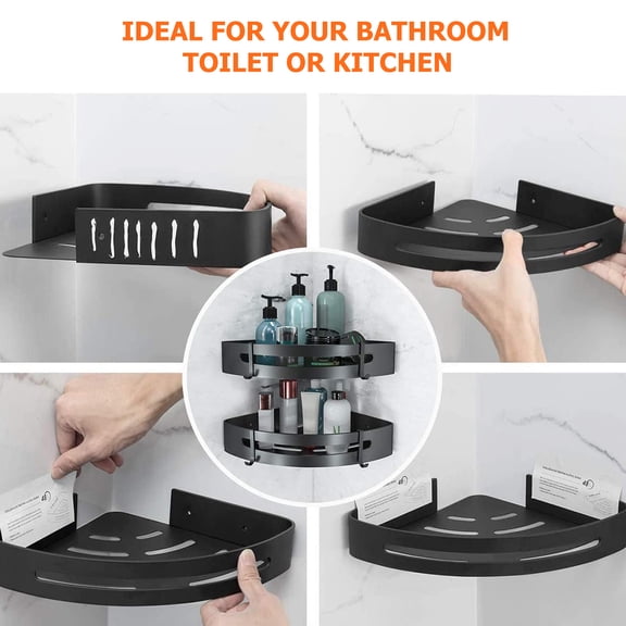 PTOOTP Black Stainless Steel Corner Shelf Bathroom Organizer with Hooks for Shower and Kitchen, 2 Pieces