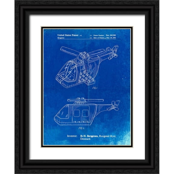 Borders, Cole 12x14 Black Ornate Wood Framed with Double Matting Museum Art Print Titled - PP929-Faded Blueprint Lego Helicopter Building Kit Patent Poster