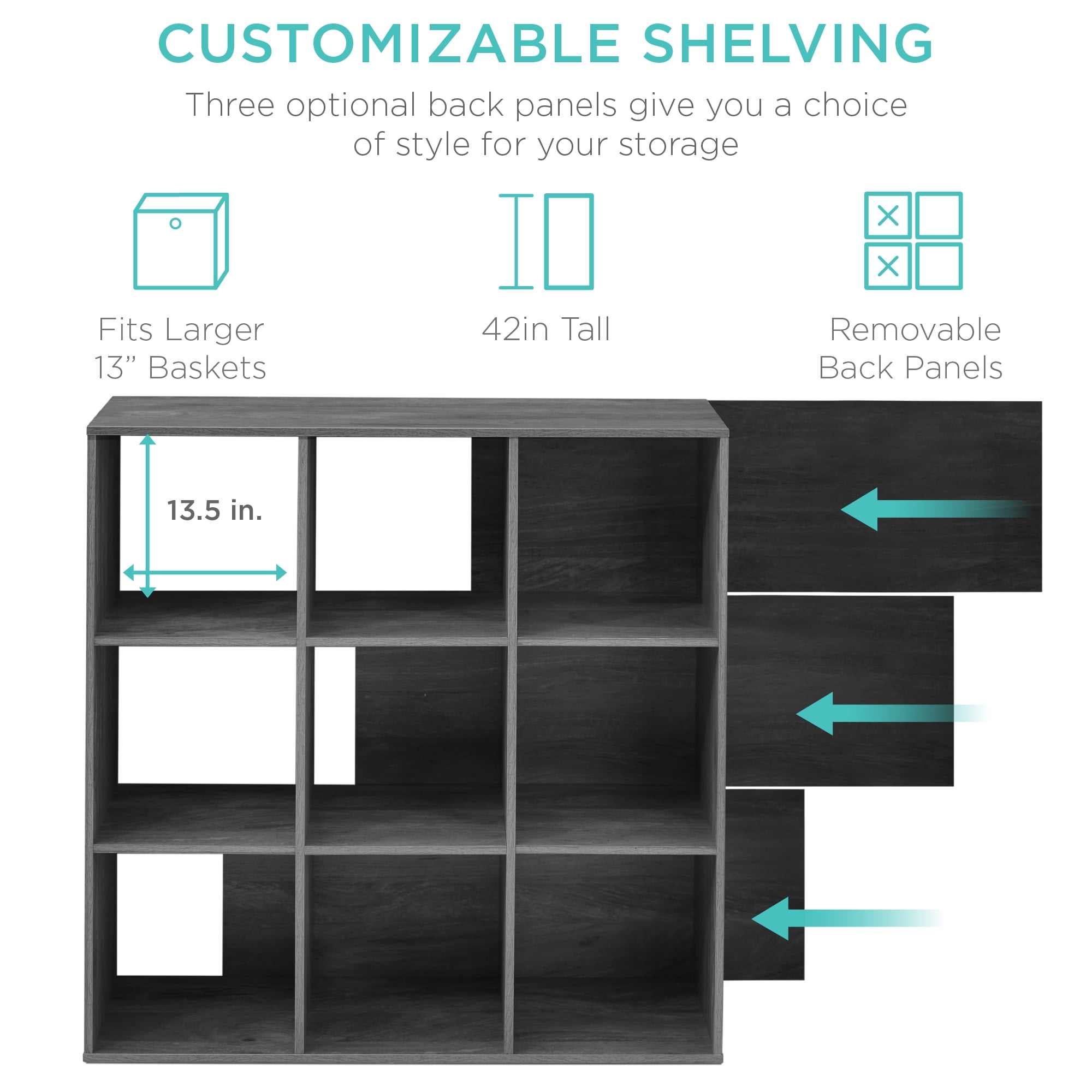 Best Choice Products 9-Cube Bookshelf, 13.5in Display Storage System, Organizer w/ Removable Back Panels - Dark Gray