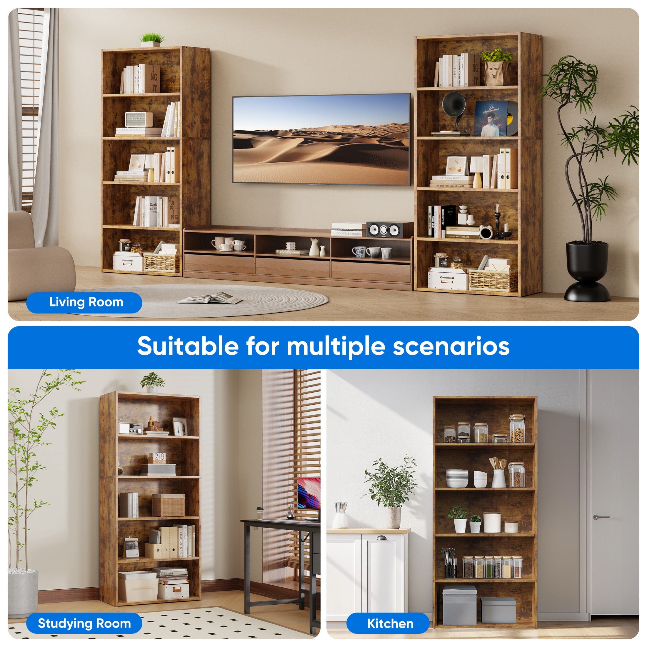EDX 5 Tier Bookcase Storage, 53 Inch Large Tall Floor Standing Open Bookshelf for Home Office, Living Room, and Bedroom, Rust