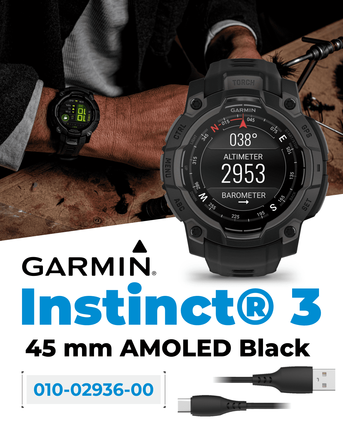 Garmin Instinct 3 45mm, AMOLED Display, Rugged Outdoor GPS Smartwatch, Metal-Reinforced Bezel, Built-in Flashlight, Up to 18 Days of Battery Life, Black with Wearable4U Bundle