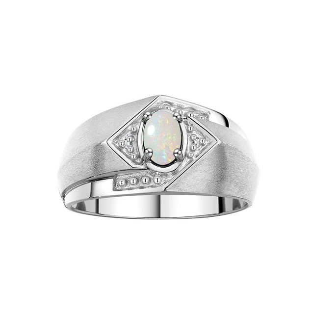 RYLOS Mens Rings 14K White Gold Ring 6X4MM Oval Shape Gemstone & Diamond Ring Opal October Birthstone Rings For Man Gold Rings Size 9