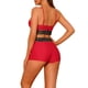 thumbnail image 3 of Conjuntos de bikini de color contrastante para mujer de 2 piezas, traje de baño de cintura alta con escote redondo, talla X-Large, rojo, 3 of 5