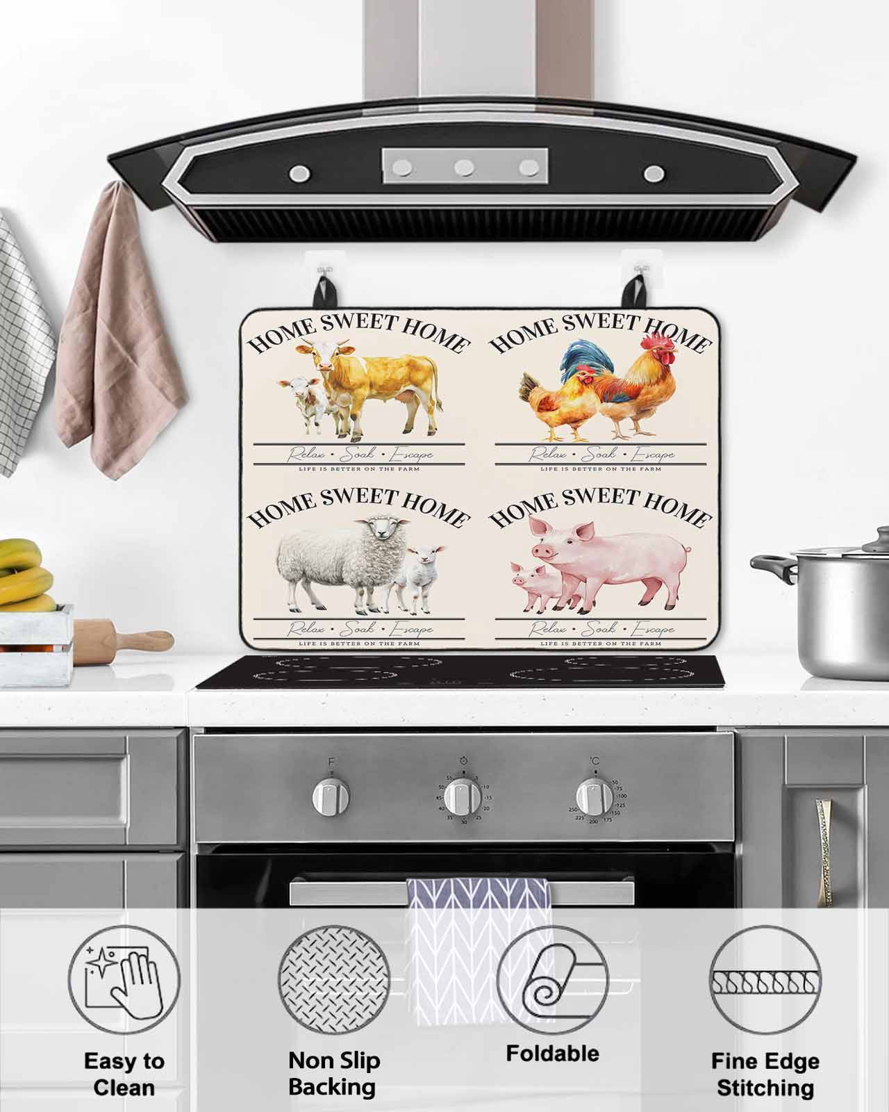 nqOlkjepod Large Induction Cooktop Protector Mat 36"x21", Farmhouse Animals Stove Top Covers for Electric Stove, Watercolor Cow Rooster Sheep Pig Stove Burner Cover Mats, Glass Top Stove Cover