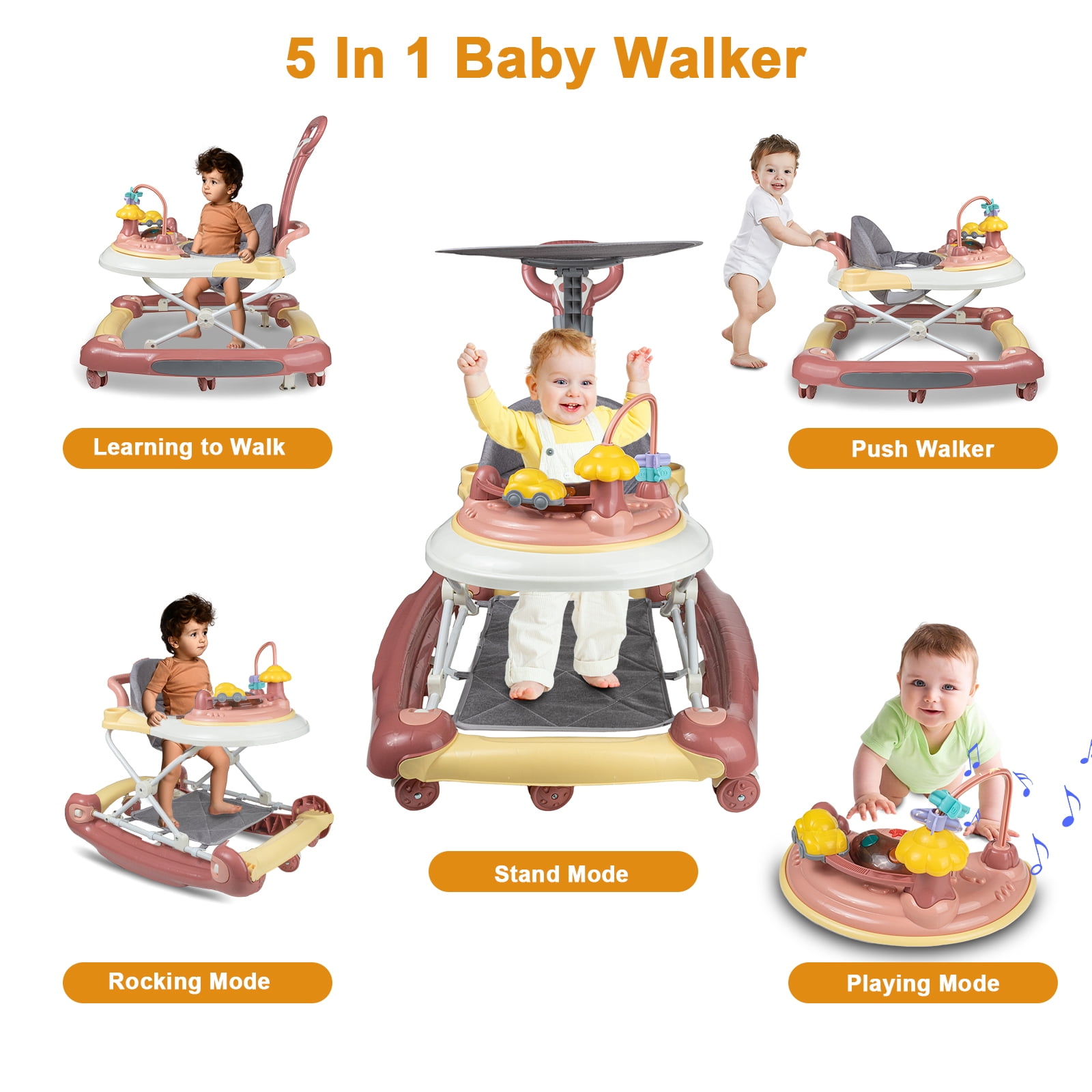 EONROACOO 5-in-1 Baby Walker for Boys Girls, Adjustable Infant Walkers with Wheels(Pink)