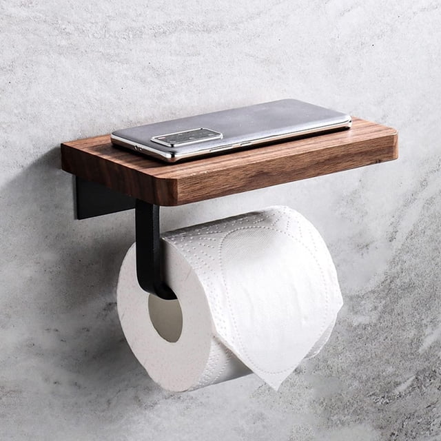 Wall Mounted Walnut Wood Toilet Paper Holder with Storage Shelf for Bathroom and Kitchen Style Organizer