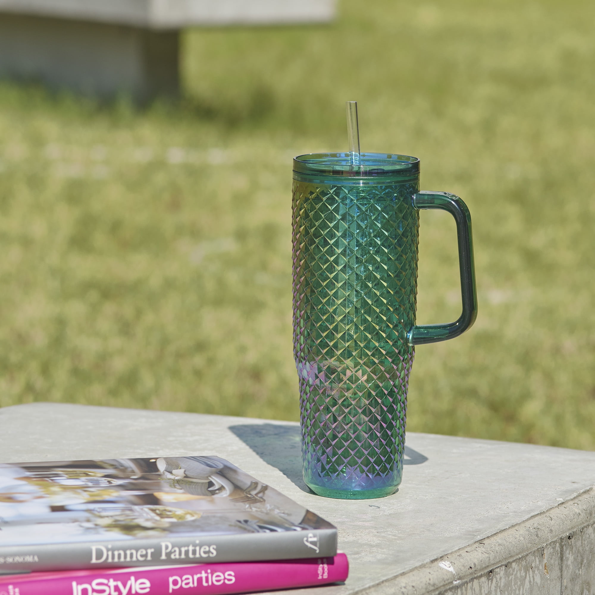 Mainstays 30oz Textured Tumbler with Straw and Handle, Diamond Iridescent Green, 30oz, Plastic Double Wall Insulated