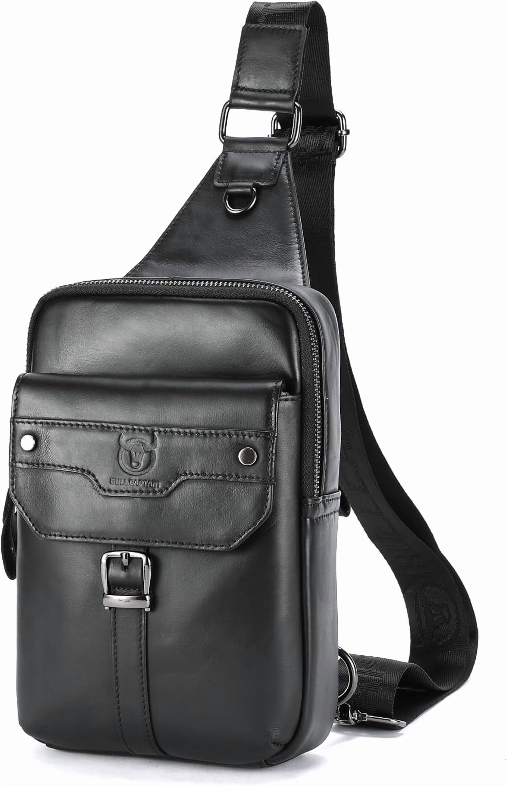 BULLCAPTAIN Men's Leather Samll Crossbody Backpack Sling Chest Bag for Hiking Travel