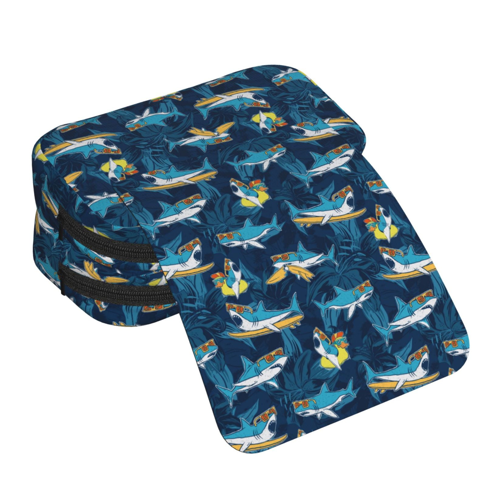 Rateoe Cartoon Surfer Sharks Pattern Double Clamshell Pen Case, Storage Organizer with Two Zipper Compartments– Holds Up to 50 Pencils & Pens