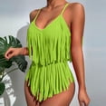 thumbnail image 2 of Women's Fringe Trim One Piece Swimsuits Sexy Adjustable Spaghetti Strap Bathing Suits Tummy Control V Neck Bikini Fluorescent Green M, 2 of 4