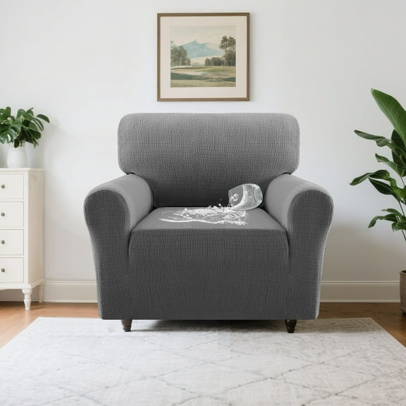H.VERSAILTEX Premium Jacquard Stretch Sofa Cover with Waterproof Seat & Elastic Bottom Protection for Kids,Pets 1-Piece Furniture Protector Slipcover(Armchair,Grey)