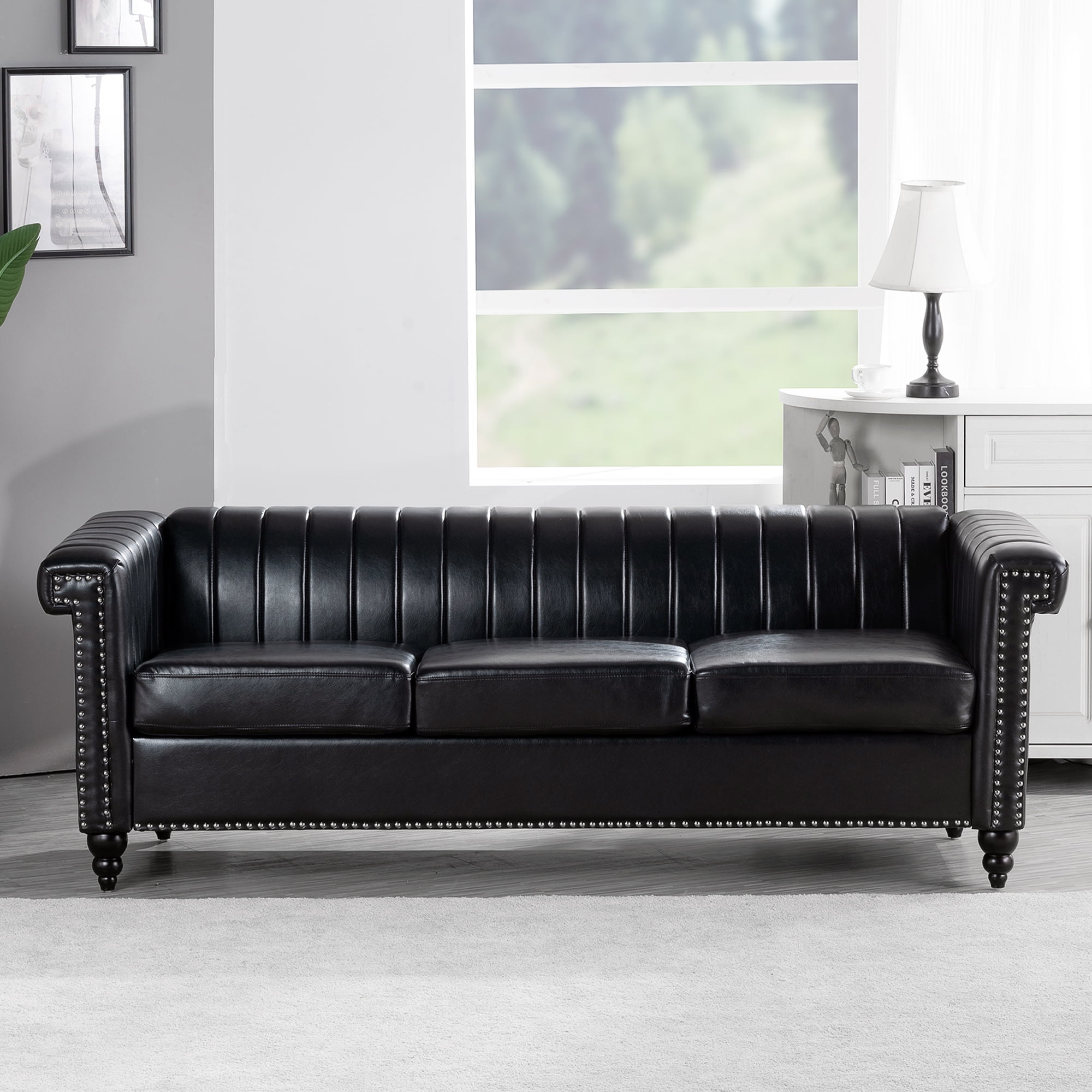Kadyn 83.66" Removable Cushion 3 Seater Sofa, Modern Pu Sofa for Living Room, Upholstered Pu Sofa Couch with Traditional Square Arm, Black