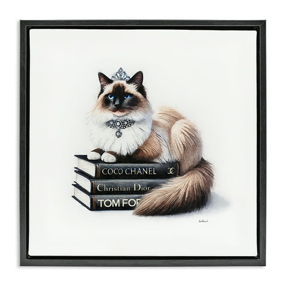Stupell Industries Elegant Glam Cat & Books Animals Painting Black Floater Framed Canvas Art Print Wall Art, 18 x 18