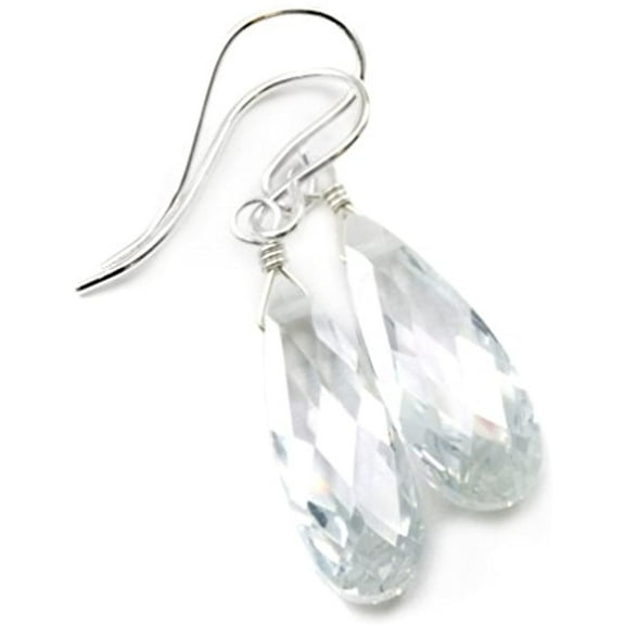 Sterling Silver Cubic Zirconia Earrings White Simulated Diamond Teardrops Faceted Simple CZ Drops 1.4" Designed for Adult Women