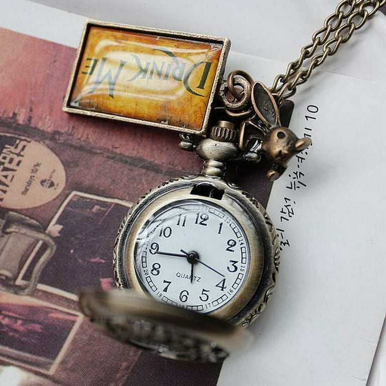 Mini Tea Glass Pocket Watch Alice in Wonderland Drink Me Pendant Gifts for  Kids