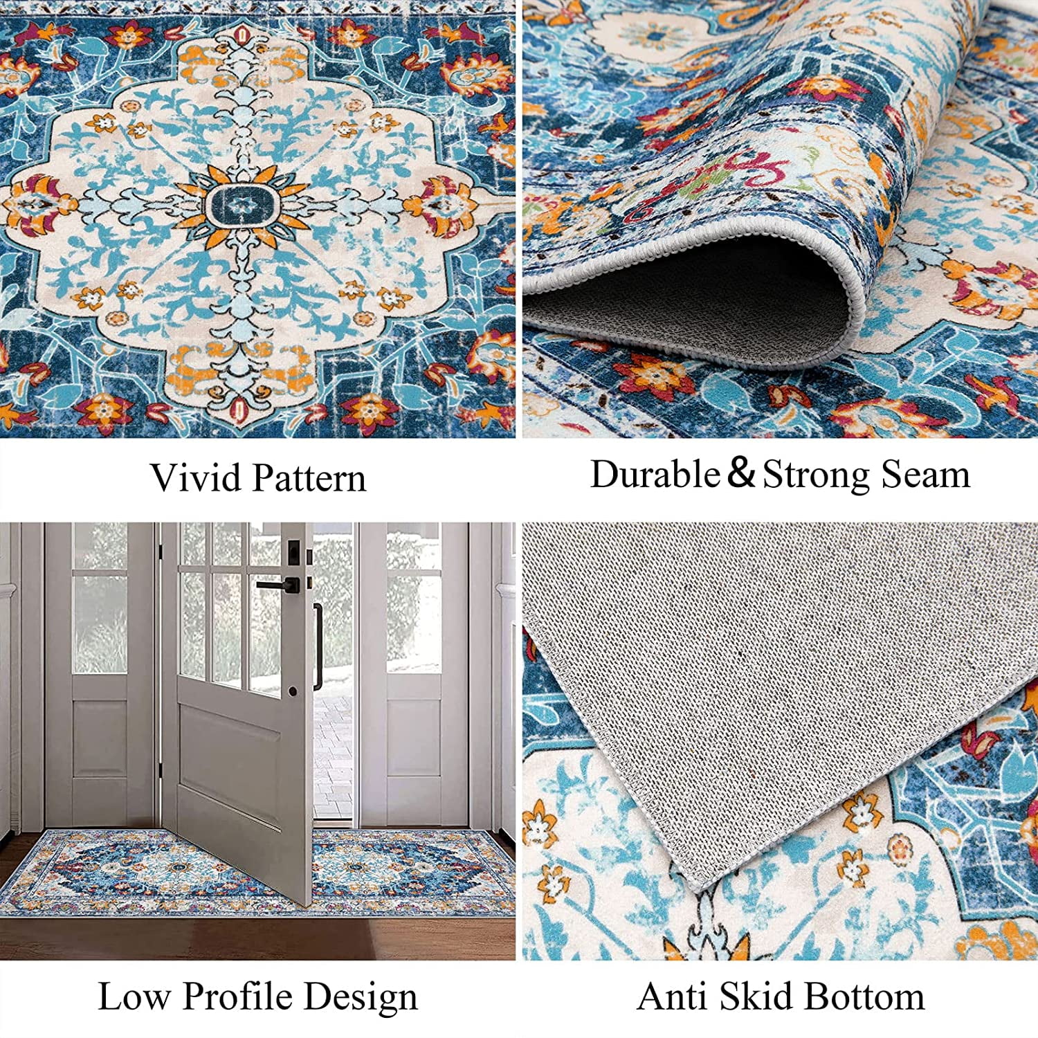Findosom 2'x6' Vintage Boho Runner Rug Washable Non-slip Area Rug,Hallway Indoor Farmhouse Bedroom Kitchen Living Room Non Shedding Runner, Contemporary Low Plie Floor Carpet Doormat,Blue
