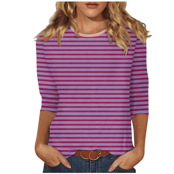 Camisetas de Manga Corta para las Mujeres a Rayas Impresas de Tres Cuartos de Manga, Cuello Redondo Casual Top
