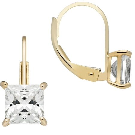14K Solid Yellow Gold Earrings | Princess Cut Cubic Zirconia | Leverback Drop Dangle Basket Setting | 2.0 CTW