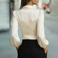 thumbnail image 4 of Silk Blouse for Women Elegant Wrap Satin Shirt Sexy Criss Cross Neck Long Sleeve Tie Waist Office Cocktail Formal Top Beige 2XL, 4 of 5
