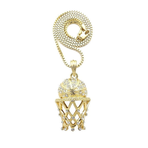 Stone Stud Basketball Goal Net Pendant with 2mm Box Chain Necklace, Gold-Tone/16"