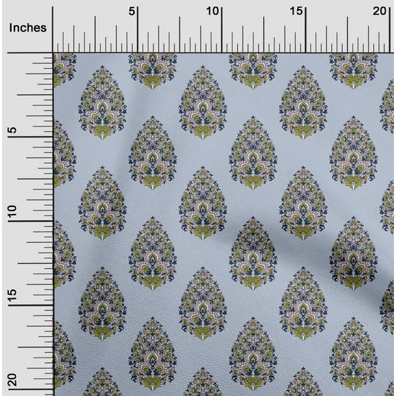 oneOone Cotton Poplin Twill Light Grayish Blue Fabric Leaves & Floral Block Sewing Craft Projects Fabric Prints By Yard 56 Inch Wide