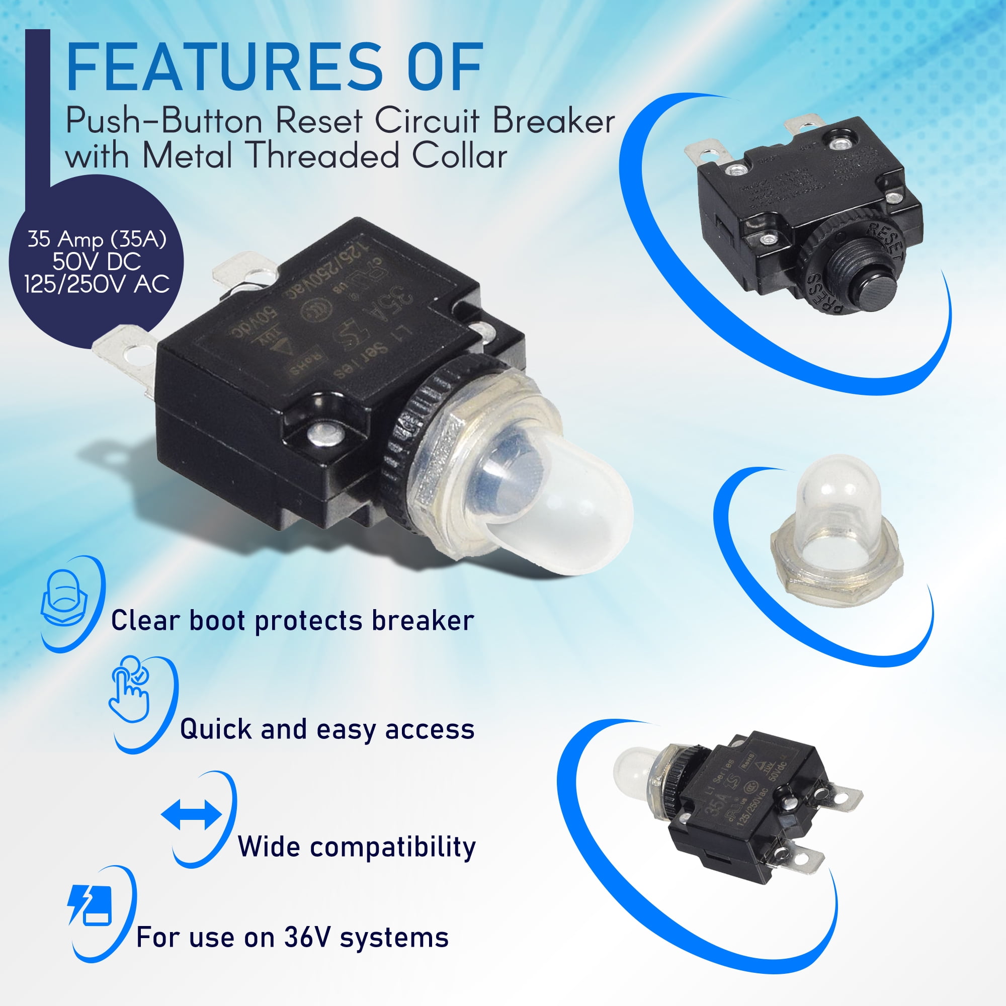 AlveyTech 35 Amp (35A) 50VDC 125/250VAC Push-Button Reset Circuit