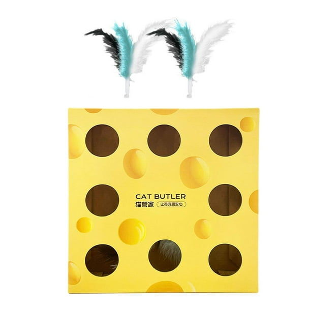 Juguete eléctrico para gatos, caja de queso, juguete de enriquecimiento para gatos, juguete automático con plumas para gatos. Caja de queso con plumas