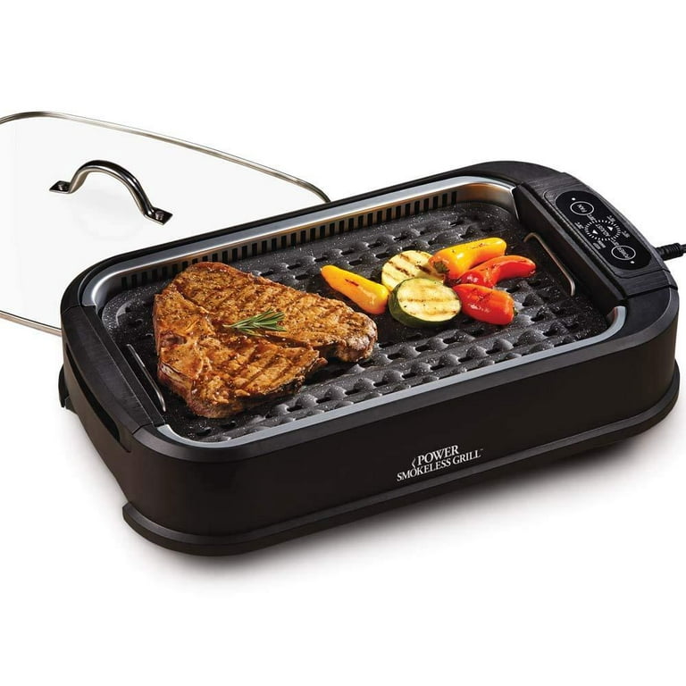 Power XL Smokeless Grill Elite Plus Indoor Electric Grill with Tempered Glass Lid, Non-Stick, Black