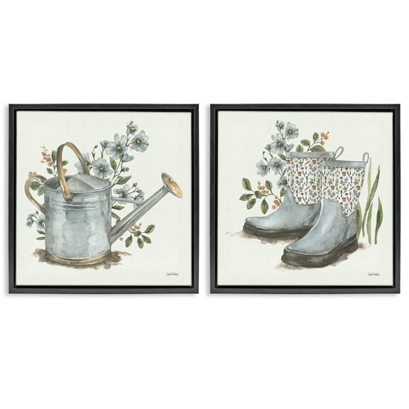 Stupell Industries Floral Watering Can Gardening Boots Plants & Flowers Painting Black Floater Framed Canvas Art Print Wall Art, 18 x 18, Set of 2