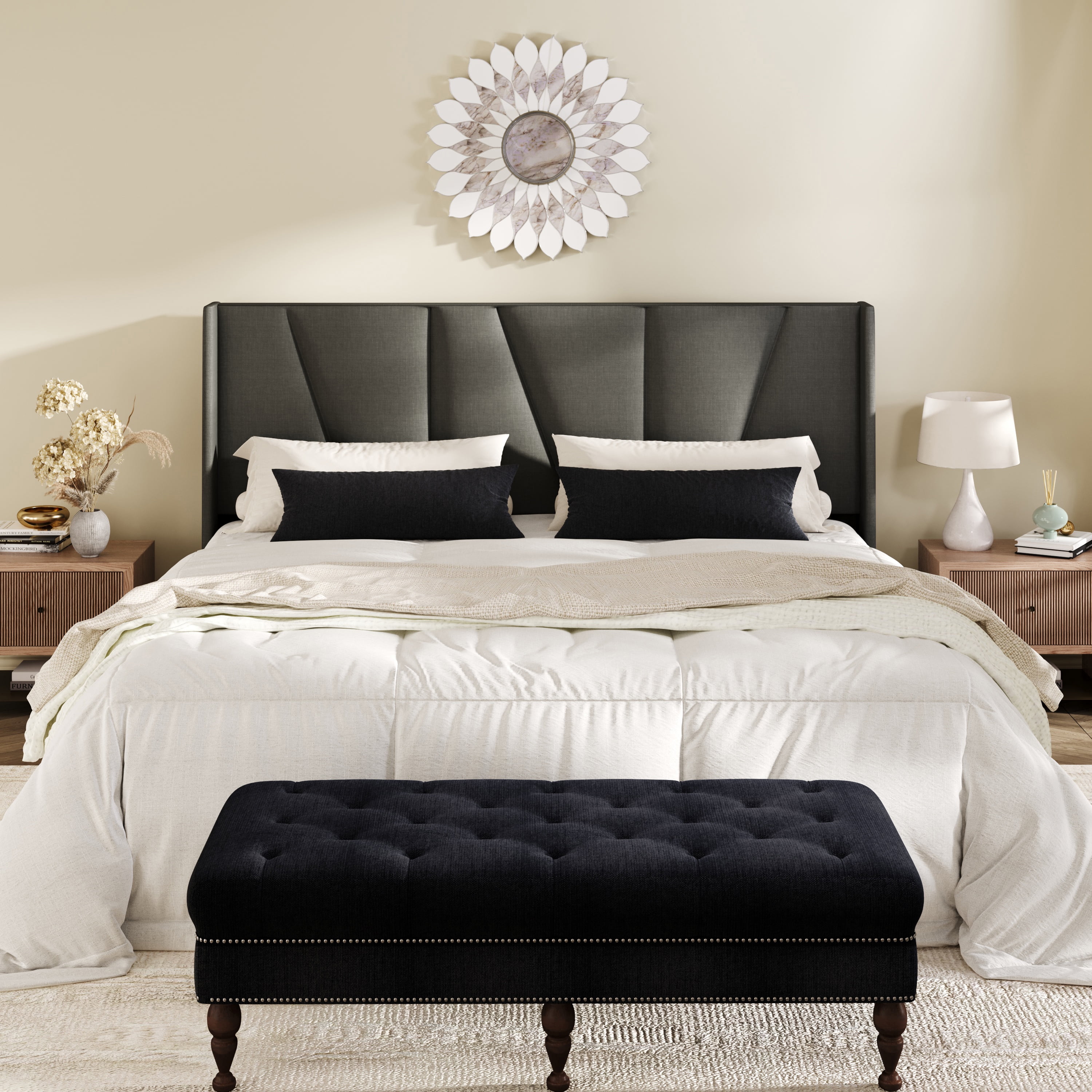 Amolife King Bed Frame, Upholstered Platform Bed with Wingback and Geometric Headboard, Dark Gray