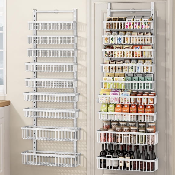 POKIPO Organisateur de Garde-Manger à 9 Niveaux sur la Porte, Support Mural Ou Suspendu 2 en 1 avec Panier Réglable, Organisateur d'Assaisonnement et Rangement pour Kit