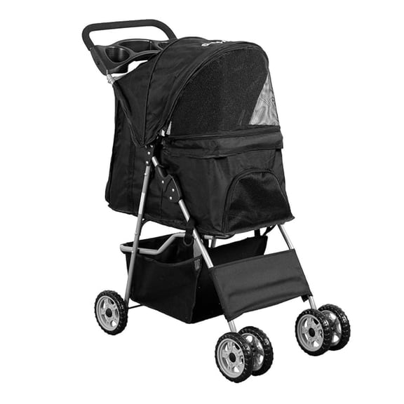 Black 4 Wheel Pet Stroller for Cat, Dog and More, Foldable Strolling Cart, STROLR-V001K