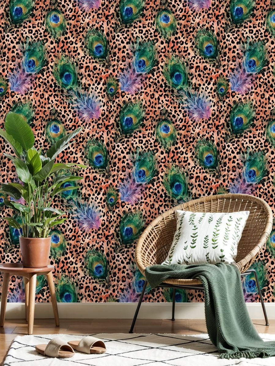 Peel and Stick Wallpaper Peacock Feather Leopard Print Art Vibrant Colors Wall Mural 23.6in x 9.8ft Self Adhesive Removable Wall Paper Renter Friendly Wallpaper for Nursery Bedroom Cabinets